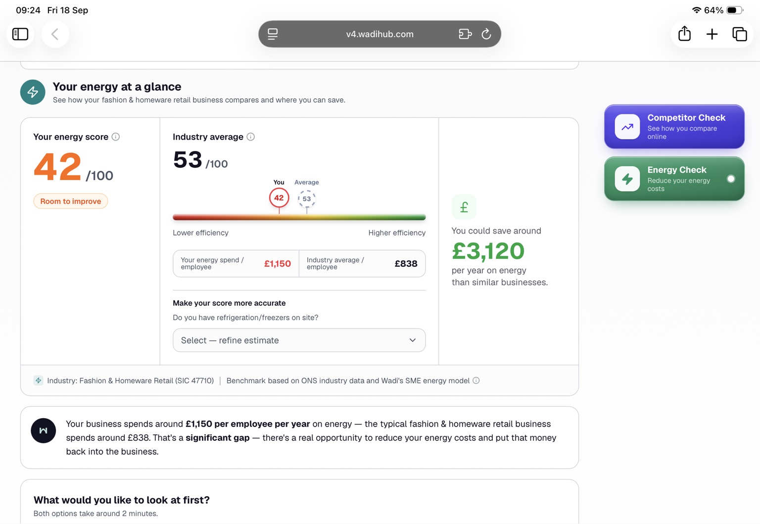 Wadi Energy Check results screen showing an energy score, a comparison against similar UK businesses and an estimated annual saving