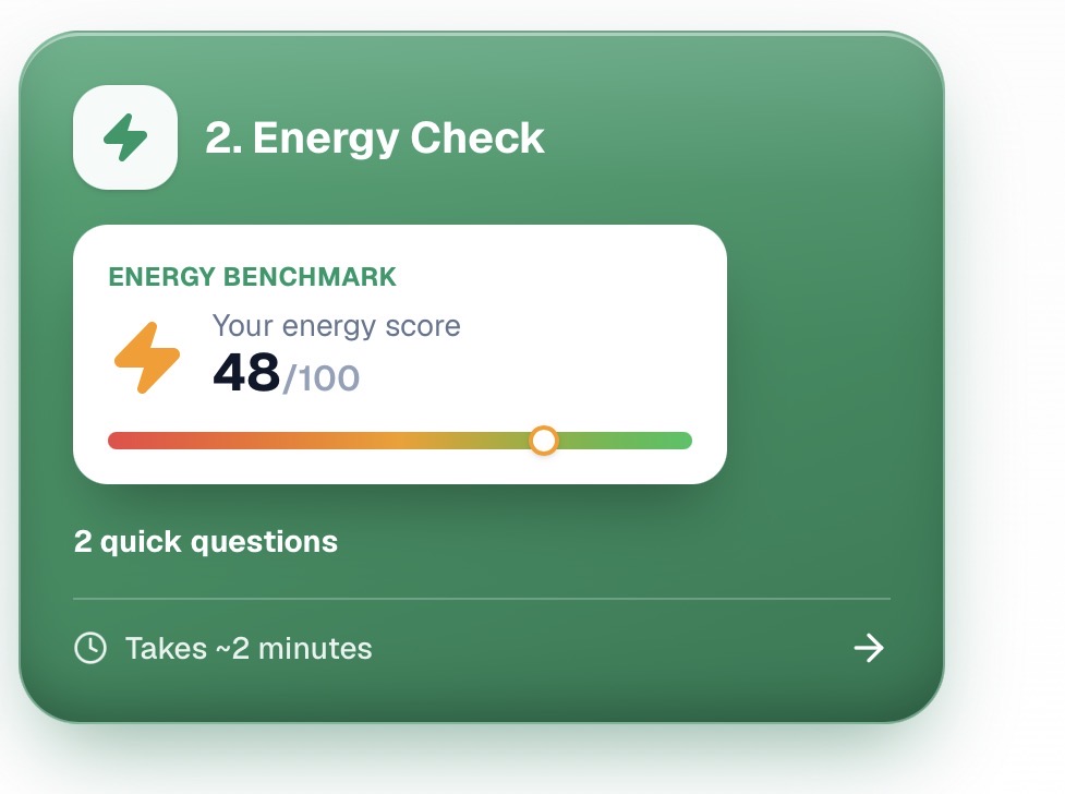 Wadi Energy Check product tile showing a personalised small business energy benchmark completed in around two minutes