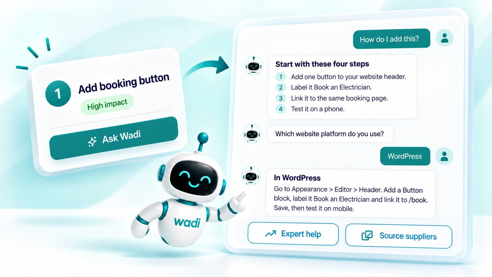 An Ask Wadi conversation opening from a recommendation, with step-by-step guidance, a follow-up question and options to find an expert or supplier