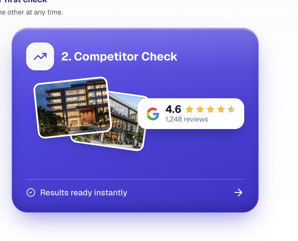 Wadi Competitor Check product tile showing an instant competitor comparison for a small business